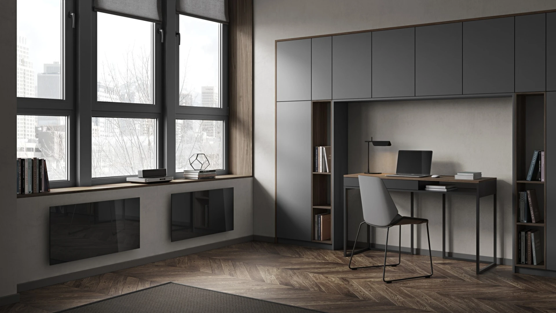 Interior con panel calefactor negro