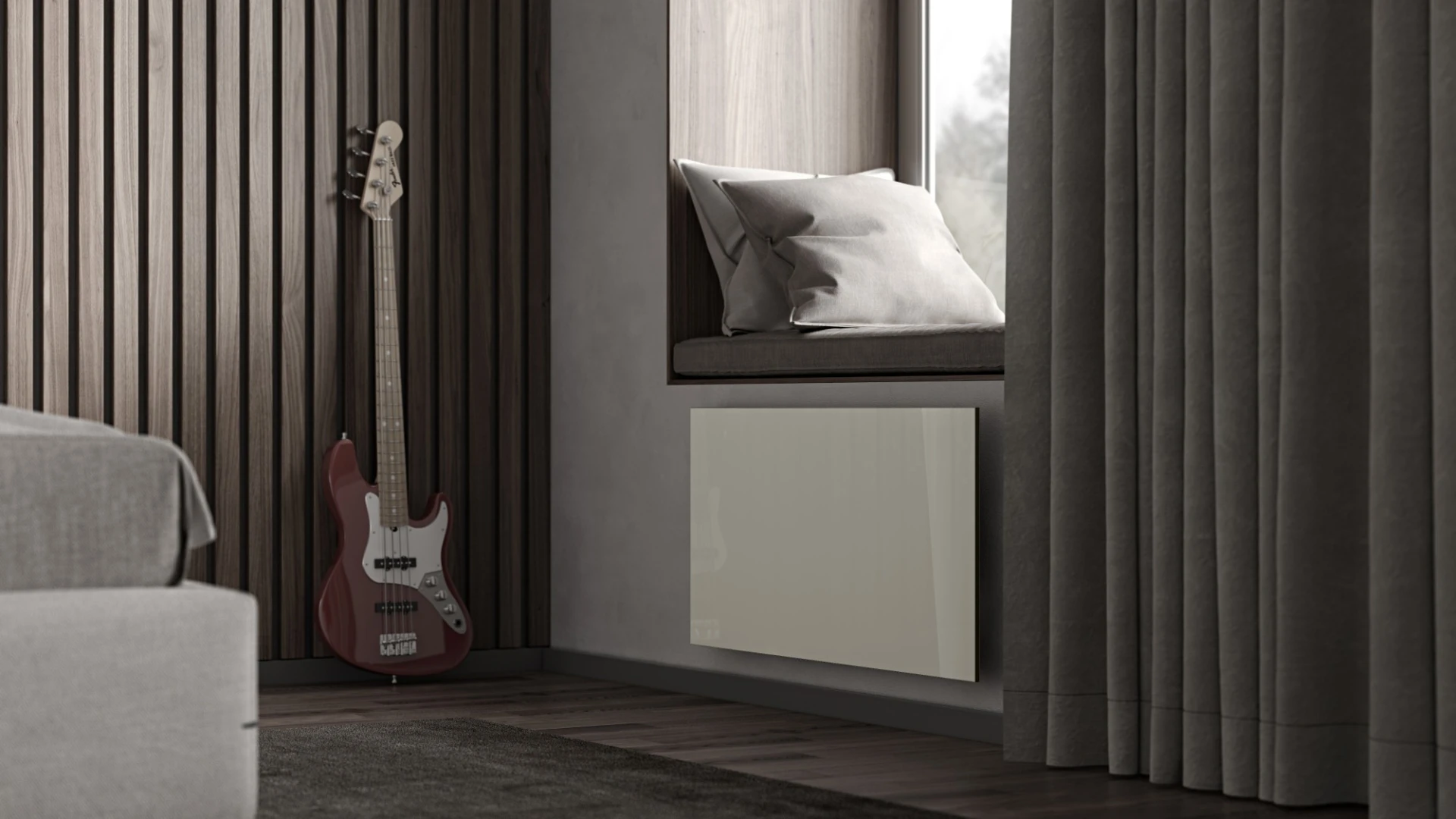 Interior con panel calefactor blanco